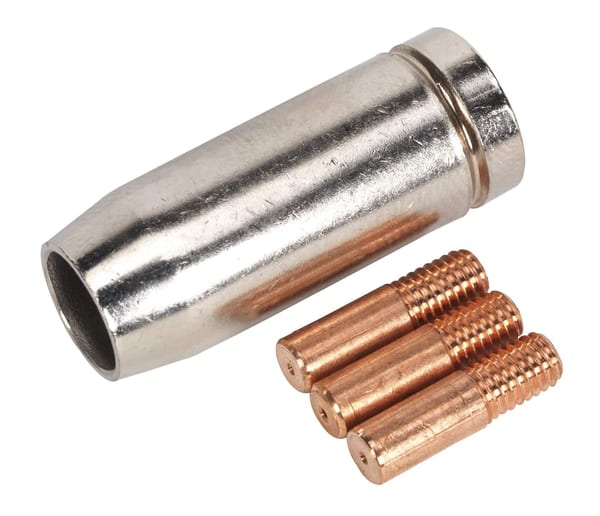Conical nozzle with three copper contact tips for MIG welding, 0.6mm size, TB14 model.