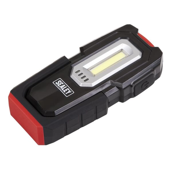Sealey rechargeable LED work light featuring a robust design with a bright light panel and ergonomic grip for various tasks.