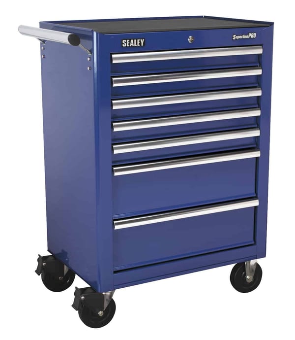 Blue rollcab with 7 drawers and ball bearing runners for tool storage
