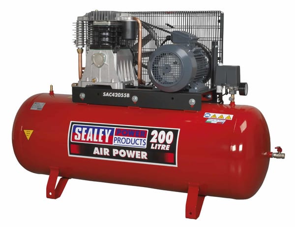 Sealey 200 litre air compressor with powerful motor and tank, ideal for various pneumatic applications and tools.
