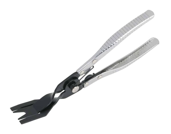 Trim clip removal pliers for body and trim services in garage and motoring applications