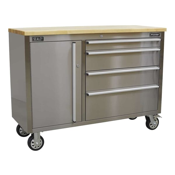 Sealey stainless steel tool cabinet with wooden top and four drawers on wheels, ideal for storage and organisation in workshops.