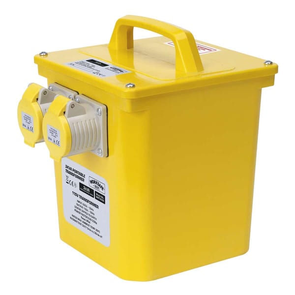 Yellow portable transformer with dual sockets, designed for 110V applications, featuring a sturdy handle for easy transport.