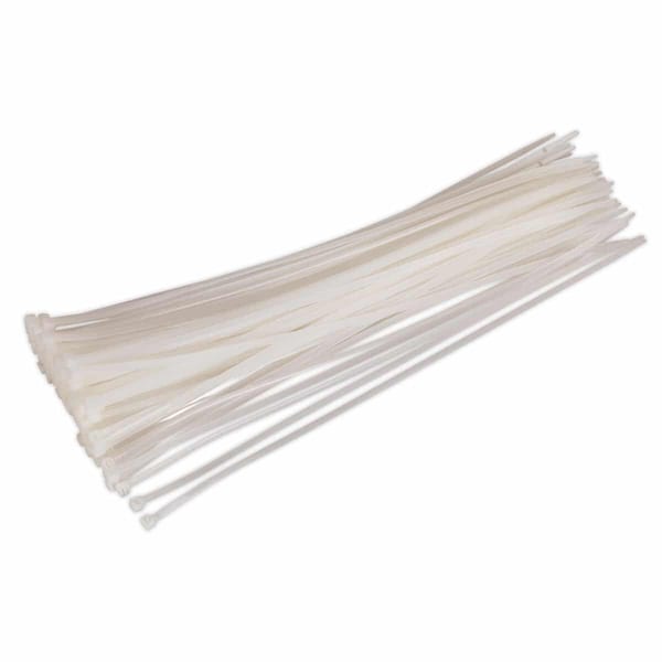 A bundle of white plastic cable ties, ideal for securing and organising cables and wires in various applications.