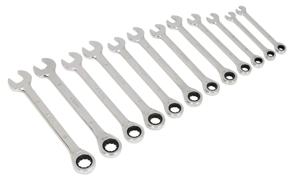 12-piece metric ratchet combination spanner set for versatile hand tool use.