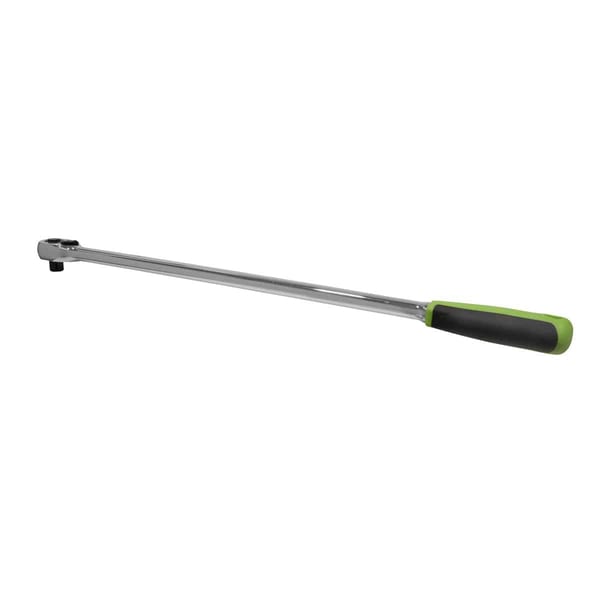 Adjustable torque wrench featuring a chrome finish and a comfortable green grip handle, suitable for precision tightening.
