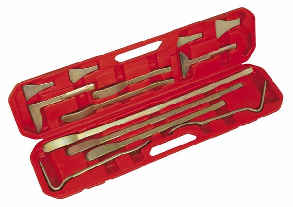 13-piece body panel levering tool set in a red case for garage and motoring use.