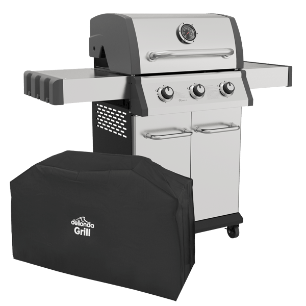 3 Burner Deluxe Gas BBQ Grill with Piezo Ignition & Thermometer & Cover - Stainless Steel