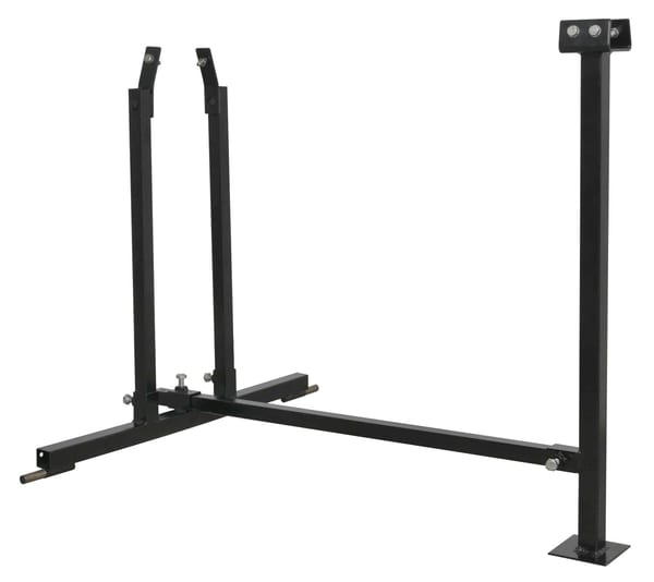 Heavy-duty adjustable weight rack for strength training, featuring robust steel construction and adjustable height settings.