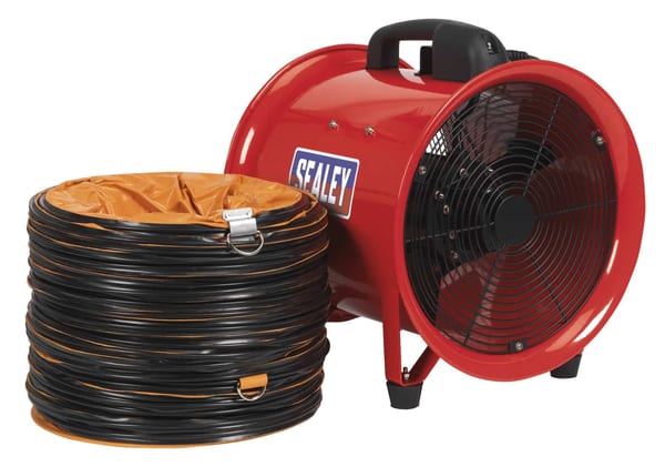 Portable ventilator Ø300mm with 5m ducting for air treatment and cooling.