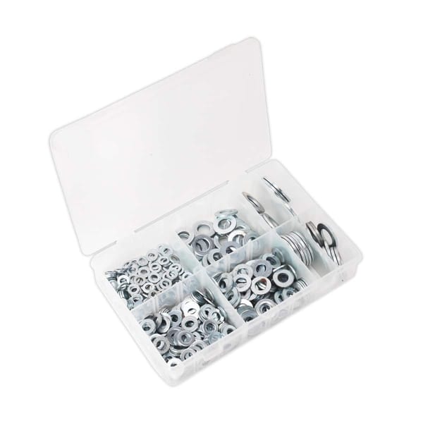 A clear storage box filled with various metal washers, organised in compartments for easy access and identification.