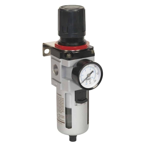 Air pressure regulator featuring a gauge for precise pressure control in pneumatic systems.