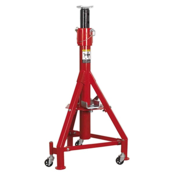 Heavy-duty adjustable vehicle jack stand with a red frame and a hydraulic lifting mechanism for automotive maintenance.
