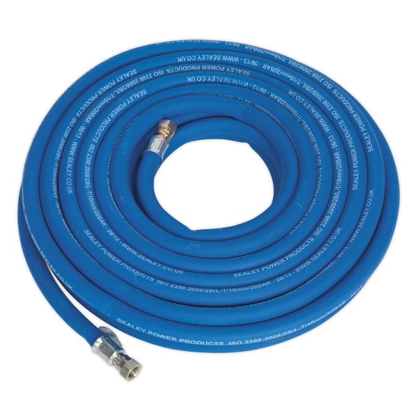 15m heavy-duty air hose Ø10mm with 1/4" BSP unions for compressors and power tools.