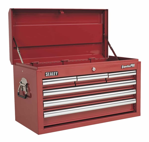 Red 6-drawer top chest tool storage with ball bearing runners for smooth operation.