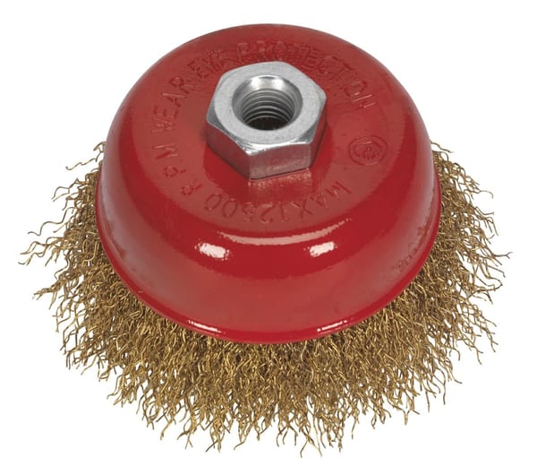 Brassed Steel Cup Brush Ø75mm M10 x 1.5mm for effective cleaning and rust removal
