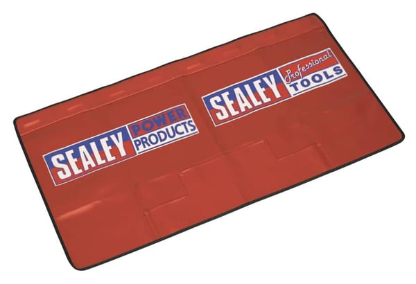 Red workshop wing cover with 4 pockets for tools and equipment storage, ideal for vehicle service.