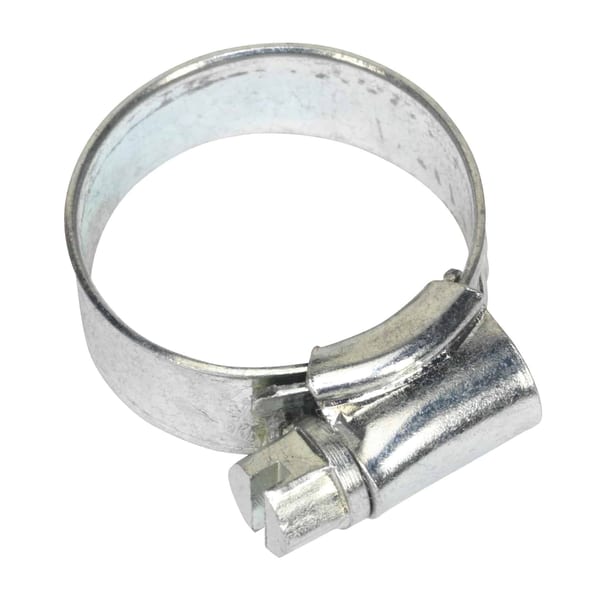 Metal hose clamp with a screw fastener for securing hoses and pipes, durable and corrosion-resistant design.