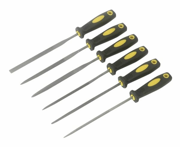 6-piece Needle File Set 100mm with comfortable yellow and black handles for precision work.