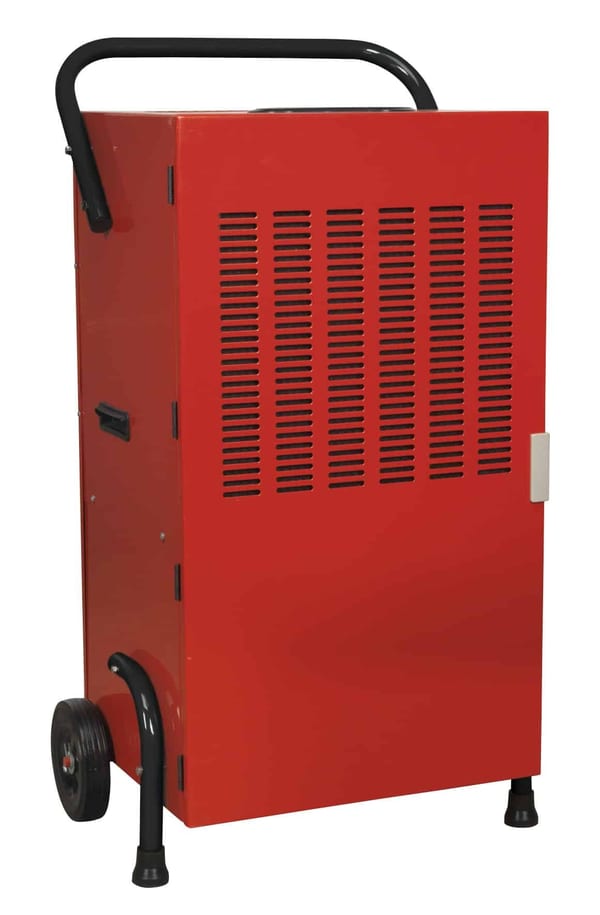 Red portable heater with wheels, featuring a vented design and sturdy handle for easy mobility, suitable for various heating needs.