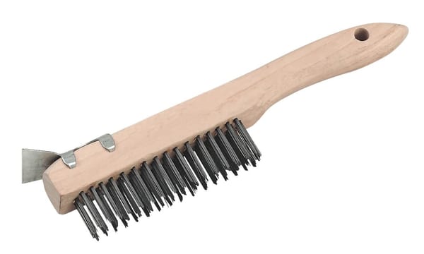 Wooden handle wire brush with scraper attachment, ideal for cleaning and maintenance tasks, featuring durable bristles and a sturdy design.