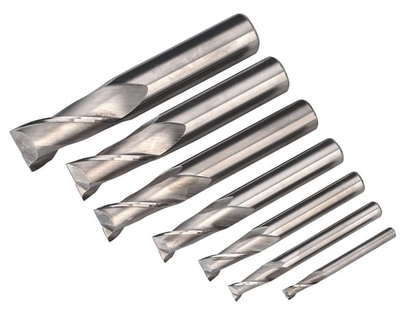 Set of six steel twist drill bits in various sizes for metal and wood drilling applications.