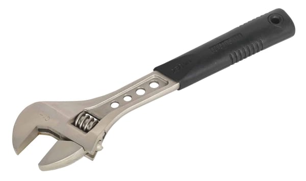 Adjustable wrench with a rubber grip handle, ideal for various mechanical tasks and repairs, featuring a chrome vanadium steel head.