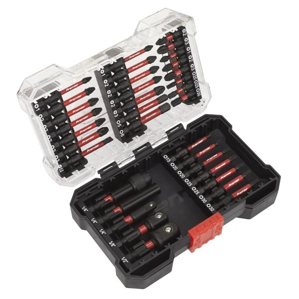 A comprehensive screwdriver bit set featuring various sizes and types of bits in a transparent case, ideal for DIY and professional use.