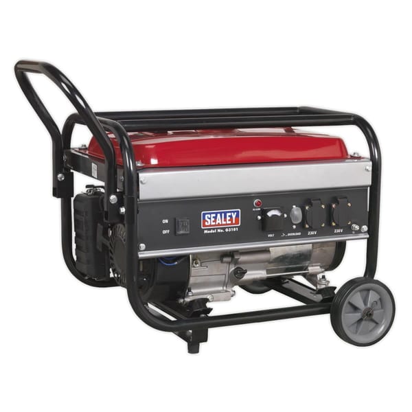 Sealey G3110 portable generator with a red top and black frame, featuring control panel and wheels for mobility.
