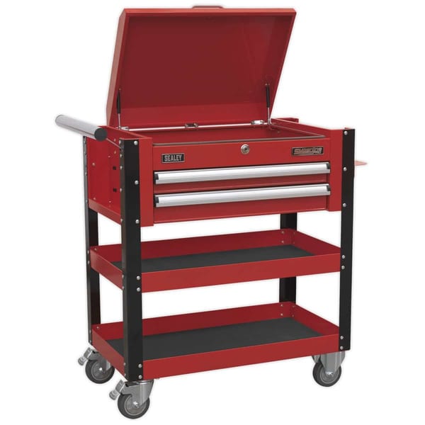 Superline PRO(R) Heavy-Duty Mobile Tool & Parts Trolley with Lockable Top & 2 Drawers - Red