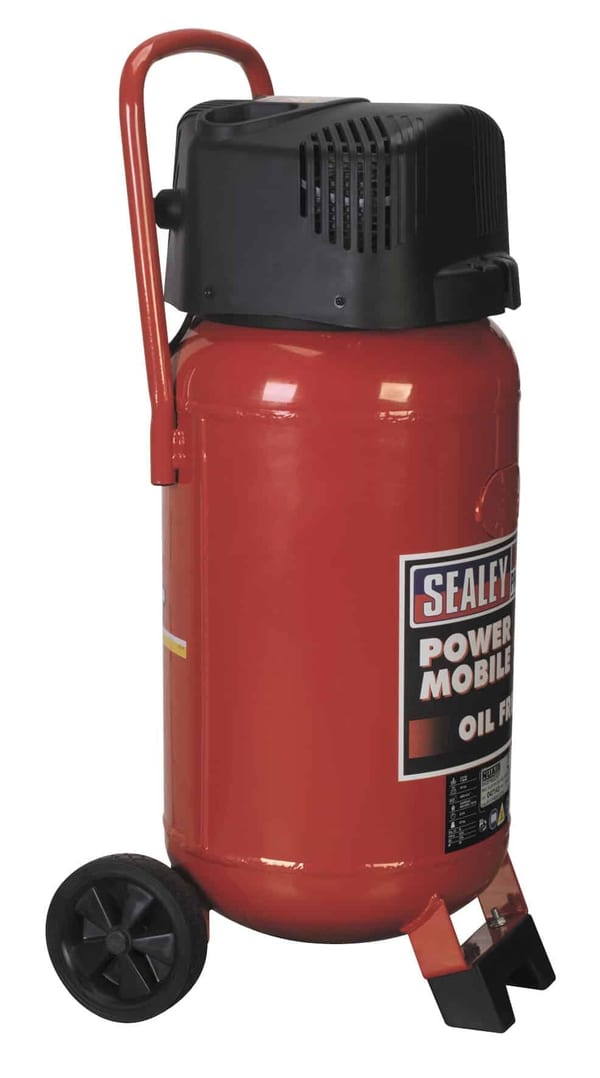 Sealey oil-free air compressor with wheels, suitable for various applications, featuring a robust design and portable functionality.