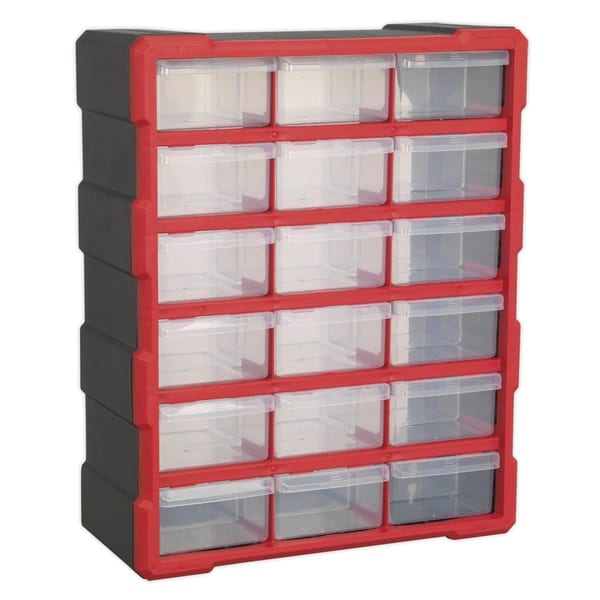 Multi-drawer storage unit featuring a red frame and transparent drawers, ideal for organising small items and tools.
