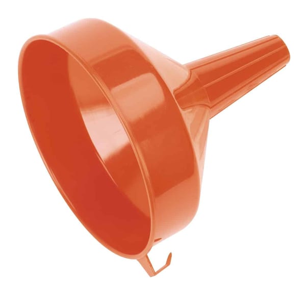 Medium 185mm orange funnel with fixed spout for easy pouring and lubrication tasks.