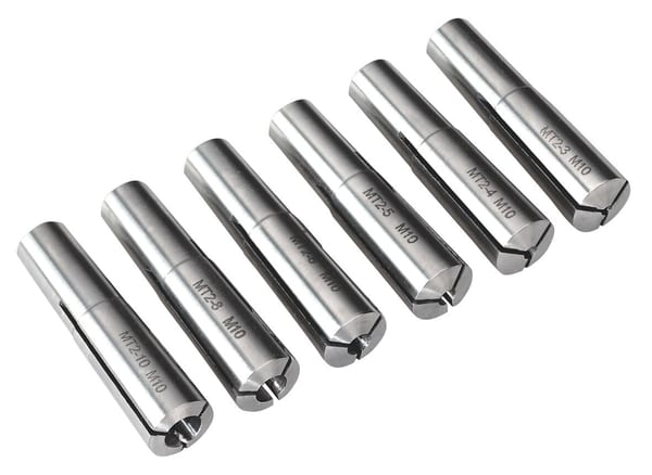 Set of six metal collets M10 for precision machining and tool holding, designed for various applications in engineering and manufacturing.