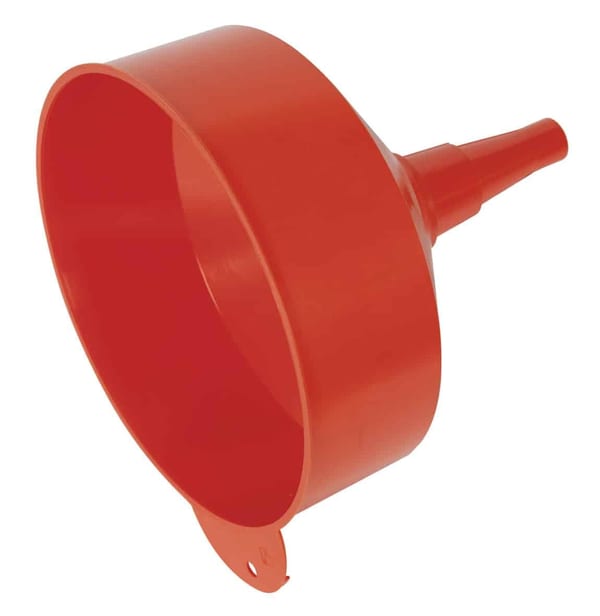 Large 250mm funnel with fixed spout and filter for garage and motoring tasks.