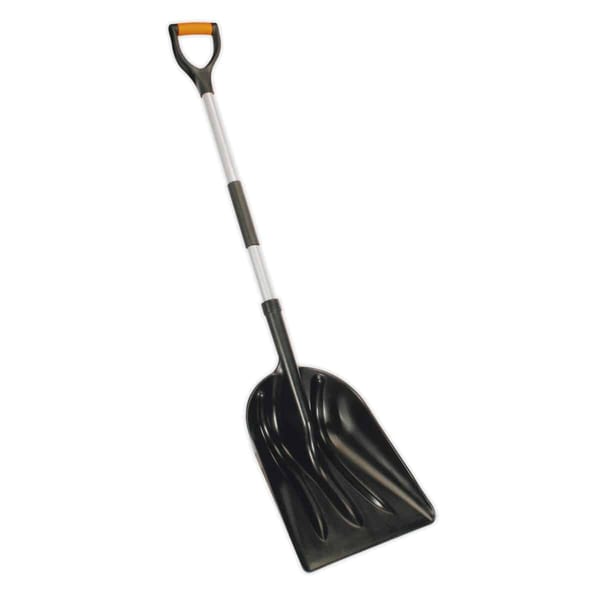 Heavy-duty garden shovel with a black plastic scoop and a sturdy metal handle, ideal for digging and moving soil.