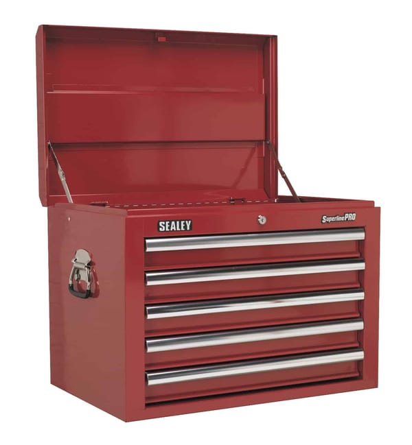 Red Topchest 5 Drawer Tool Chest with Ball Bearing Runners for storage.