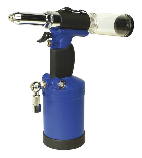 Professional airbrush spray gun with a blue body and transparent reservoir for paint, suitable for various applications.