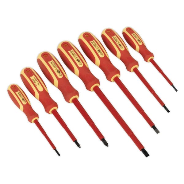 7-piece electrician's screwdriver set, VDE/TUV/GS approved, red handles, precision tools for safe use.