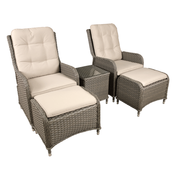 Chester Rattan Wicker Outdoor Recliner Loungers & Table Set 5pc