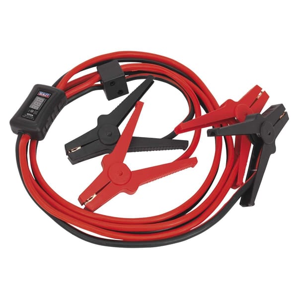 Heavy-duty jump leads with red and black clips and a built-in tester for vehicle battery jump-starting.