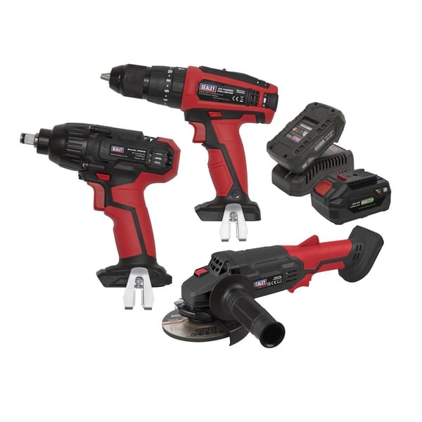 Skarlett cordless power tool set featuring a drill, impact driver, and angle grinder with batteries for versatile DIY tasks.
