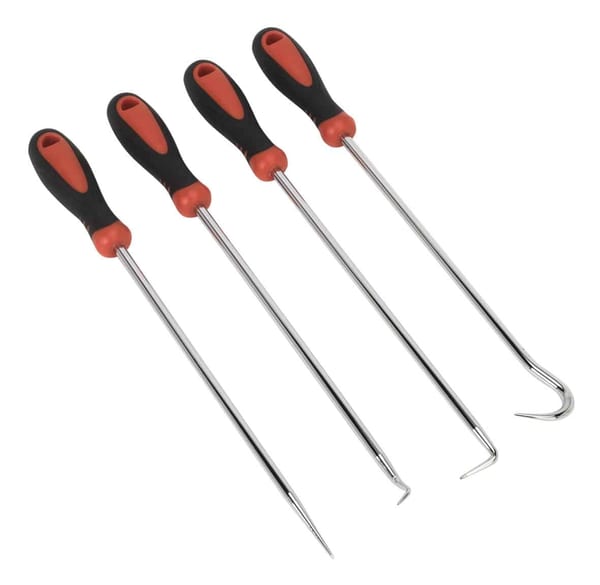 4-piece extra-long pick and hook set for garage and workshop use.