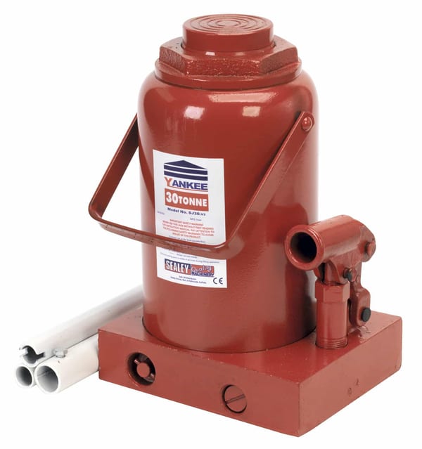 Sealey 30 tonne hydraulic bottle jack for lifting heavy loads, featuring a robust design and easy-to-use handle.