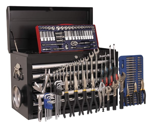Topchest 5 Drawer Black with 138pc Tool Kit including wrenches, pliers, and sockets.