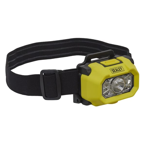 Sealey yellow LED head torch with adjustable strap, featuring a bright light and durable design for hands-free illumination.