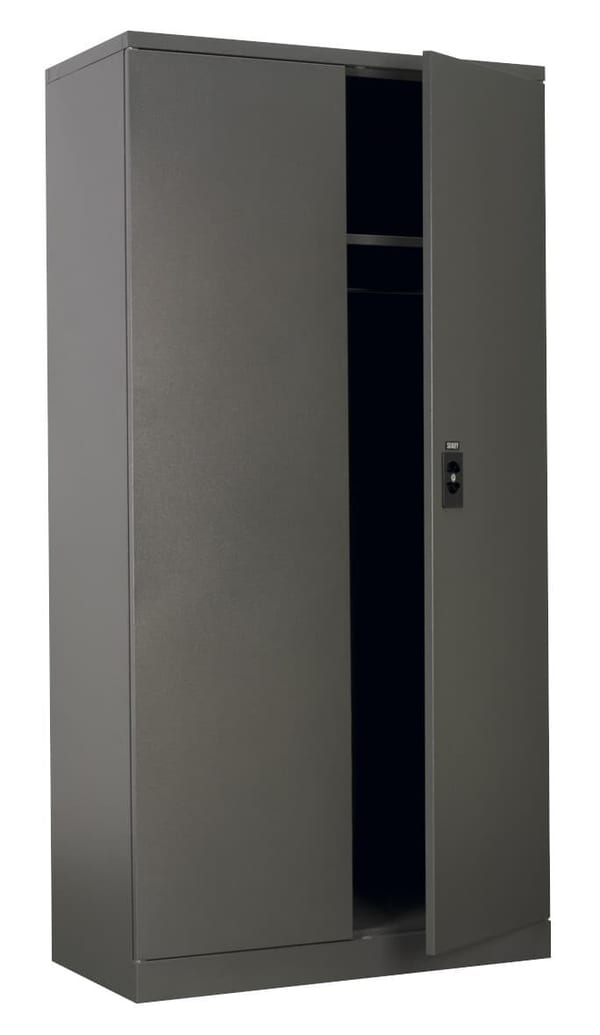 Durable steel storage cabinet featuring a single door and a secure locking mechanism, ideal for organising various items.