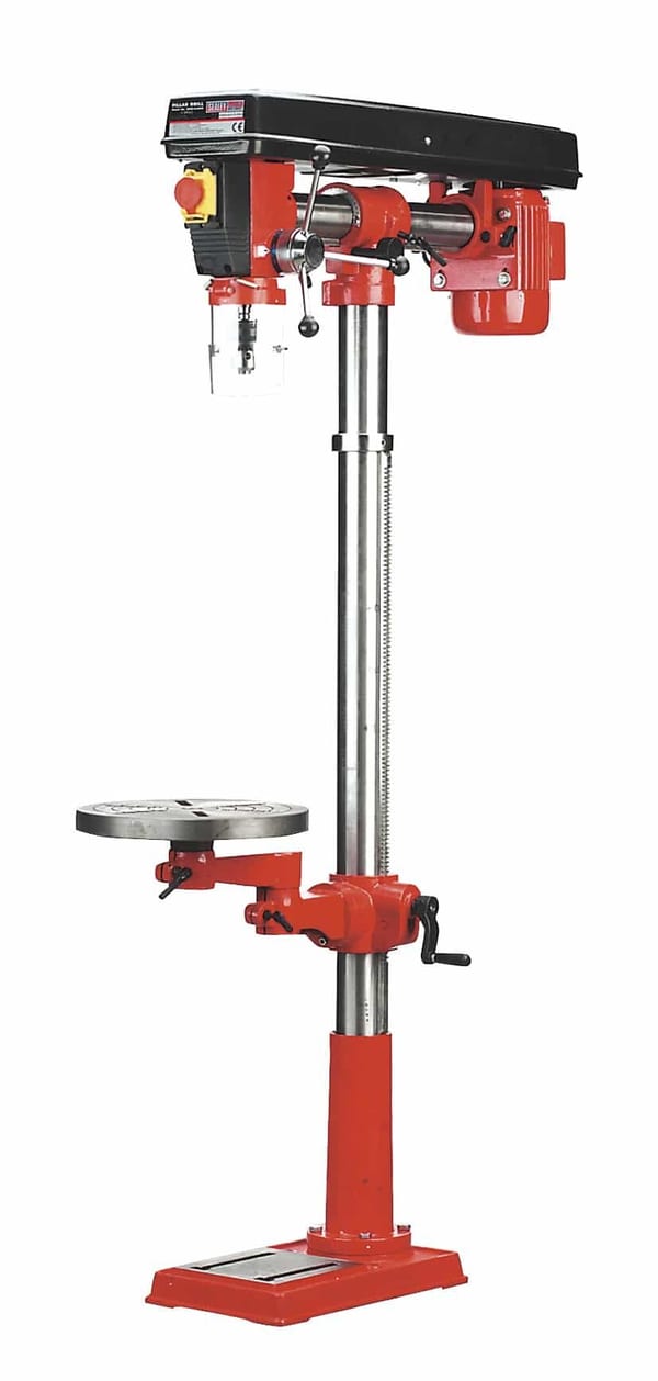 5-speed radial pillar drill with adjustable height, 550W motor for precision drilling.