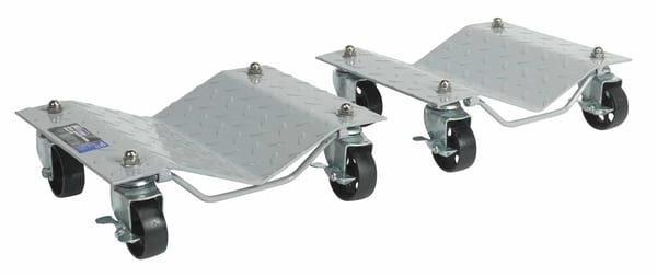 Wheel dolly set with 680kg capacity for easy vehicle maneuvering in garage and bodyshop.