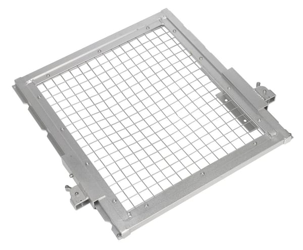 Durable metal mesh grate designed for cooking, featuring a sturdy frame and grid pattern for even heat distribution.